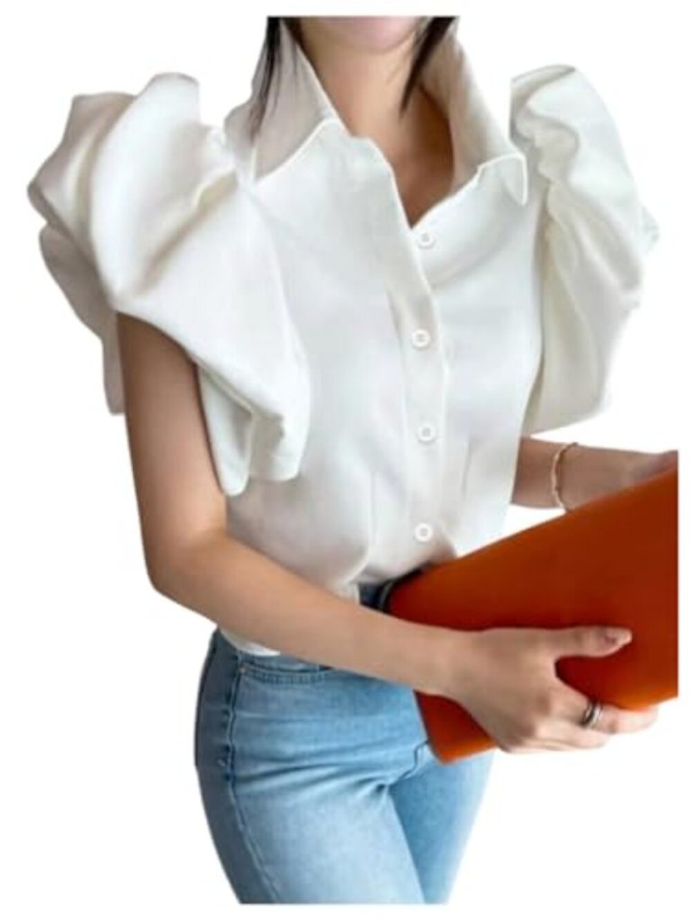 Women's Short Puff Sleeve Button Down Blouse Trendy Dressy Casual Summer Work